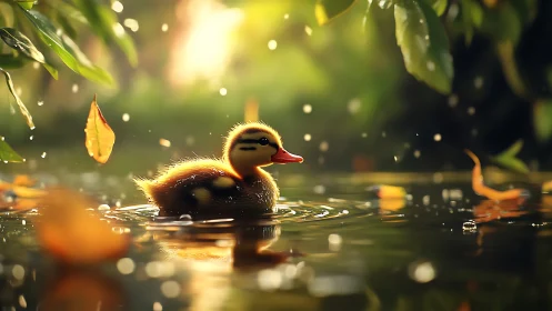 Sunlit duckling drifts through golden leaflit ripples at dusk.