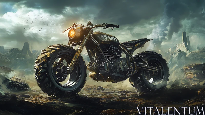 Post-apocalyptic off-road motorcycle in cinematic digital painting.