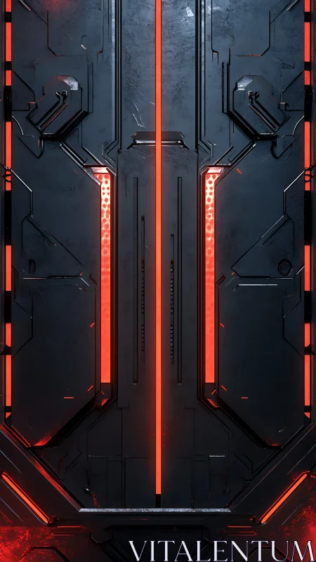 Futuristic black metal door glows with vertical red lights