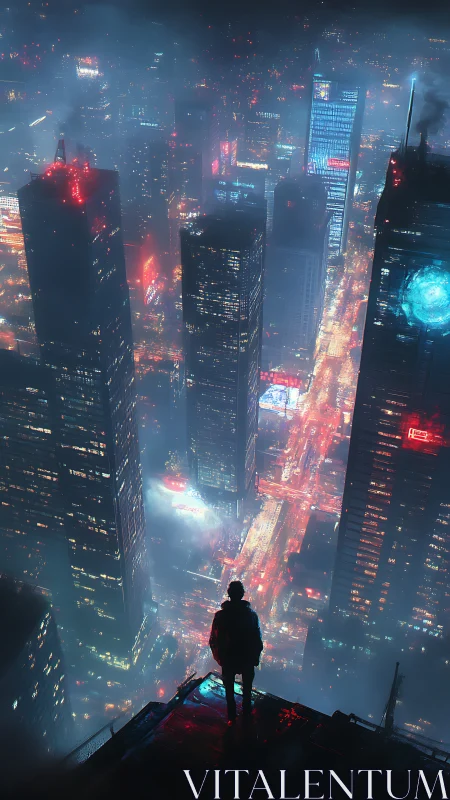 Silhouetted figure overlooks dense neon city from rooftop
