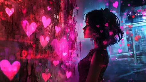 Neon-lit profile girl amid glowing pink hearts at night.