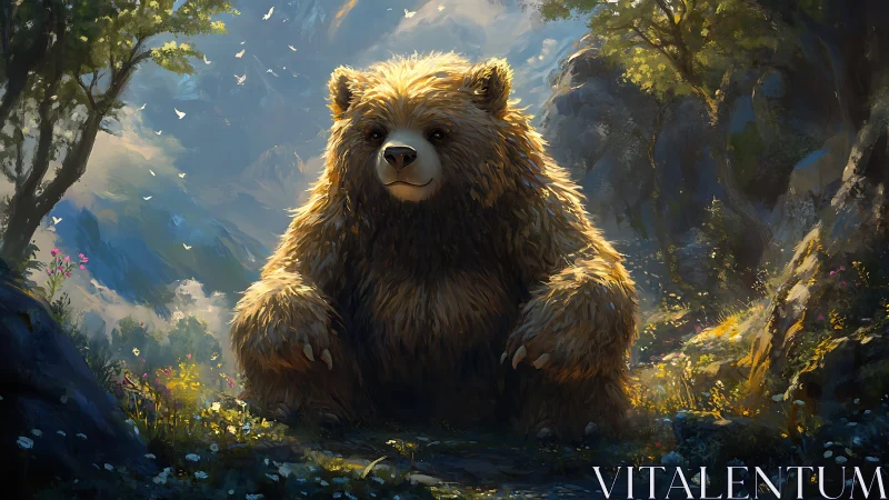 Golden sunlit bear resting in enchanted forest clearing.