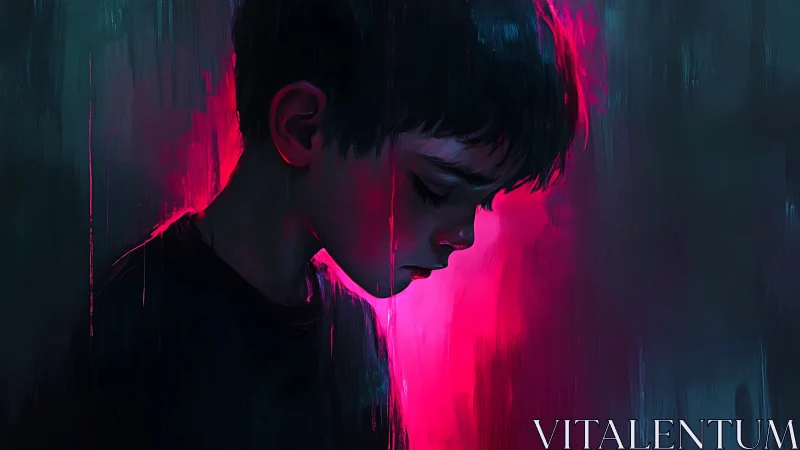 Boy in profile against neon pink and blue background.