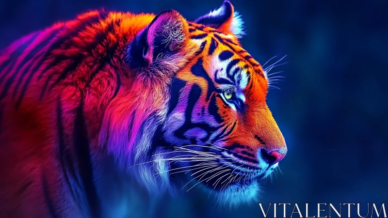 Neon colored tiger profile is rendered with high saturation