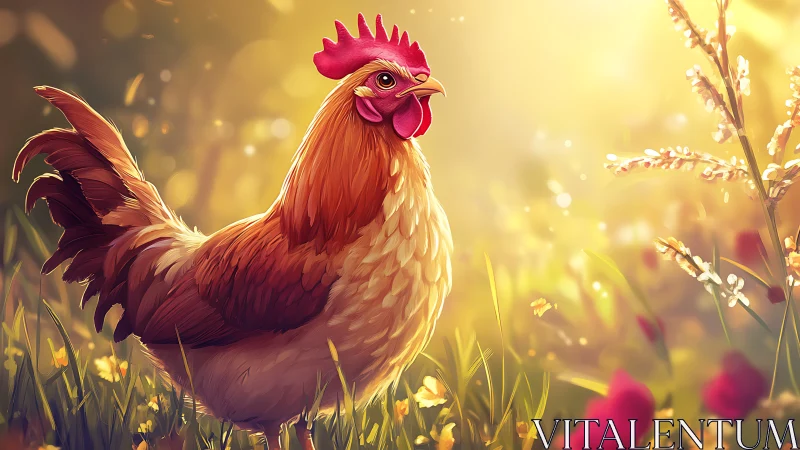 Golden Hour Rooster Portrait with Warm Bokeh Landscape