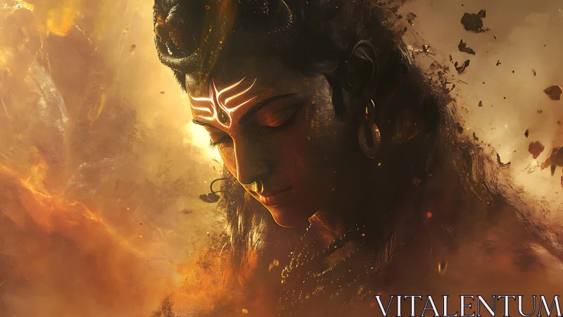 Serene divine figure glows softly amid drifting golden embers