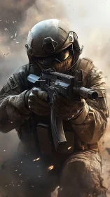 Armored soldier advances through smoky battlefield with rifle