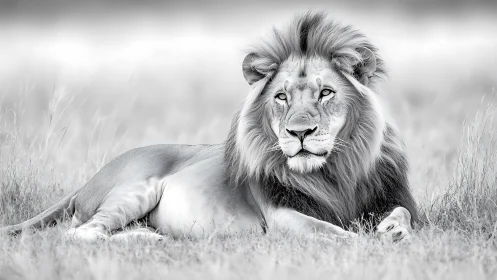Black and white male lion resting in open grassland.