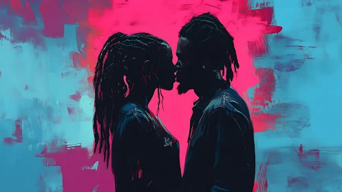 Two figures in silhouette against neon background