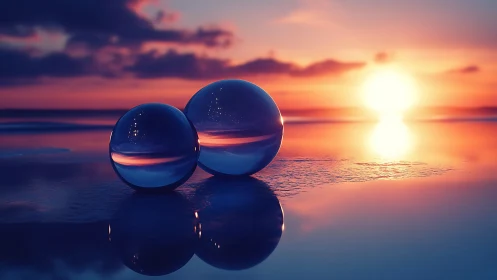 Glass spheres rest on reflective shoreline at sunset