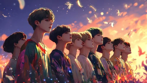 Row of stylized youths under dusk sky with flying birds.