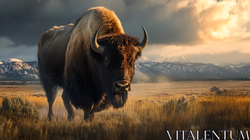 Majestic bison roaming golden plains beneath soft sunset skies.