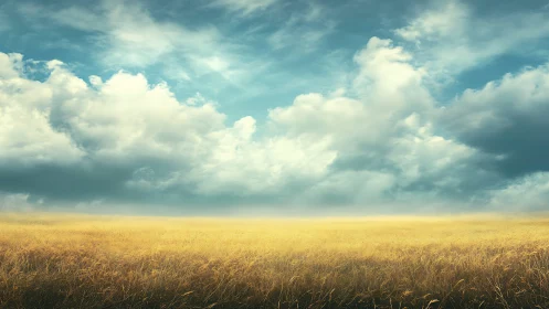 Golden prairie horizon under expansive cumulus sky panorama.