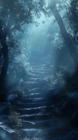 Blue mist filters over stone forest steps in diffused skylight