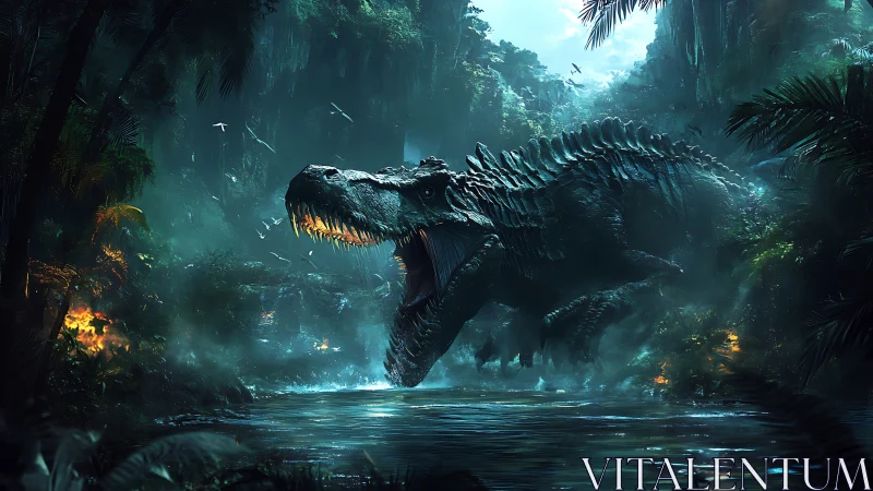 Primeval titan storms through a neon-lit jungle river gorge