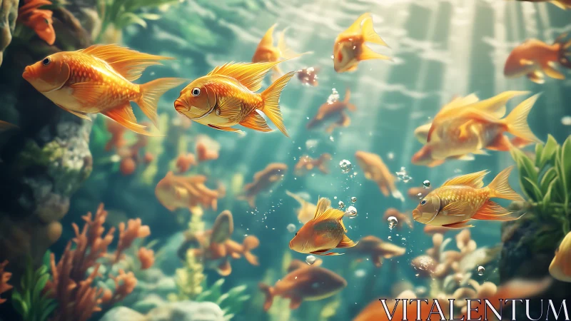 Multiple goldfish swim in a sunlit underwater environment