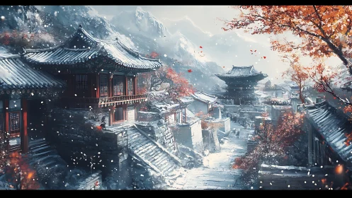 Snowy traditional mountain village with red autumn foliage.