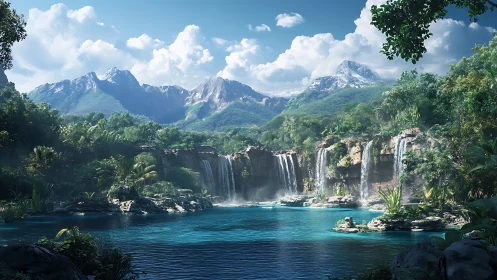 Verdant waterfall lagoon beneath crystal alpine peaks.