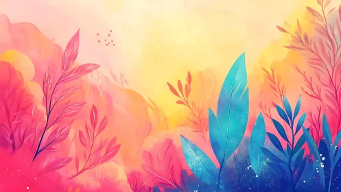 Vibrant botanical gradient with stylized foliage silhouettes.