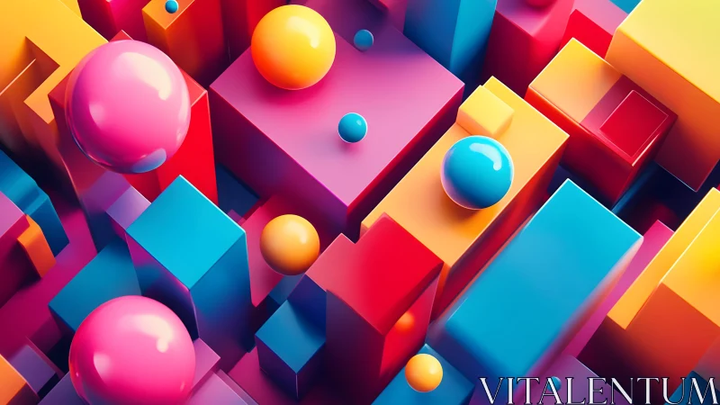 Vibrant 3D geometric blocks and spheres create playful motion