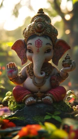 Rendered baby Ganesha idol sits amid bokeh-lit garden tableau