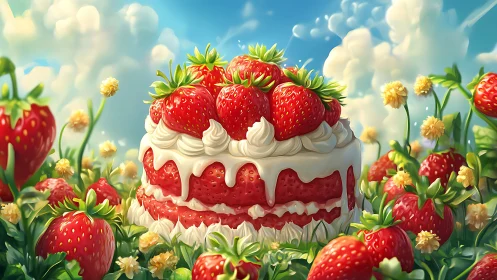 Layered Strawberry Cake with Cream Frosting and Fresh Berry Garnish in Pastoral Garden Setting
