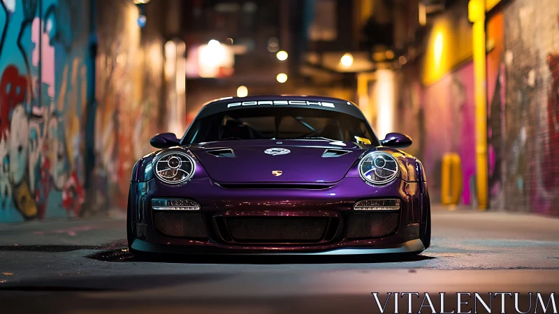 Purple sports car glows defiantly in neon graffiti alley night