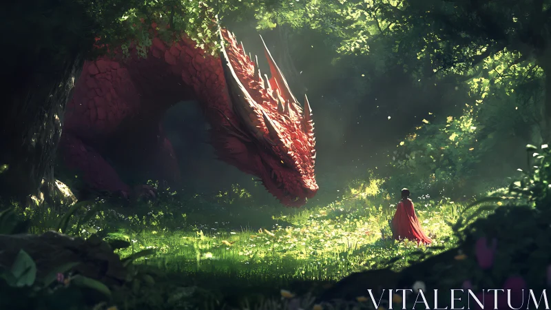 Backlit red dragon confronts cloaked figure in volumetric forest light