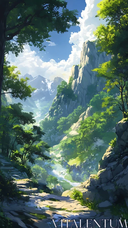 Towering Cliffs Embraced by Verdant Canyon Passage.