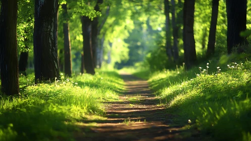 Sunlit Forest Path with Lush Greenery in Soft Focus Style.