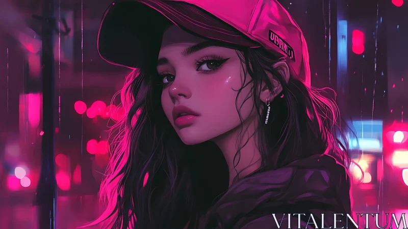 Neon lit portrait of young woman in cap at night street.