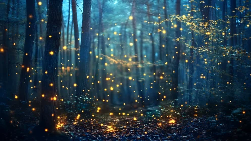 Enchanted Forest at Twilight: Bioluminescent Fireflies Illuminate Ancient Woodland Path.
