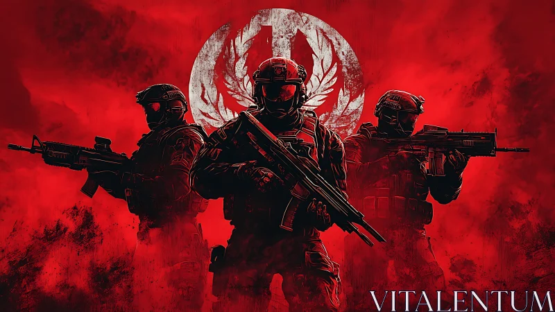 Three armored soldiers stand armed before white eagle emblem