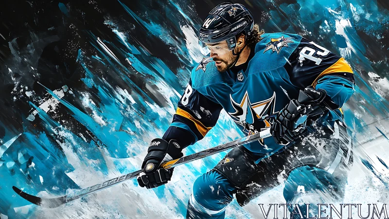 Hockey player in teal jersey charging across icy canvas.