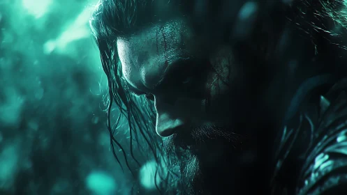 Cyan-illuminated warrior portrait with cinematic depth of field.