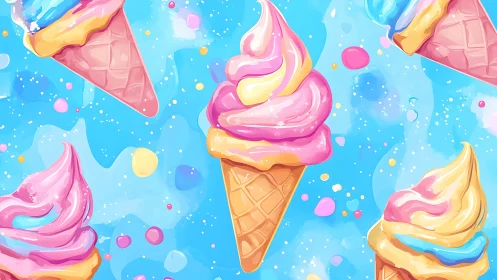 Pastel ice cream cones swirl against bright blue sky