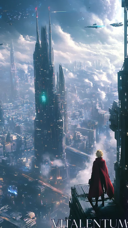 Solitary watcher above neon-drenched futuristic megacity.