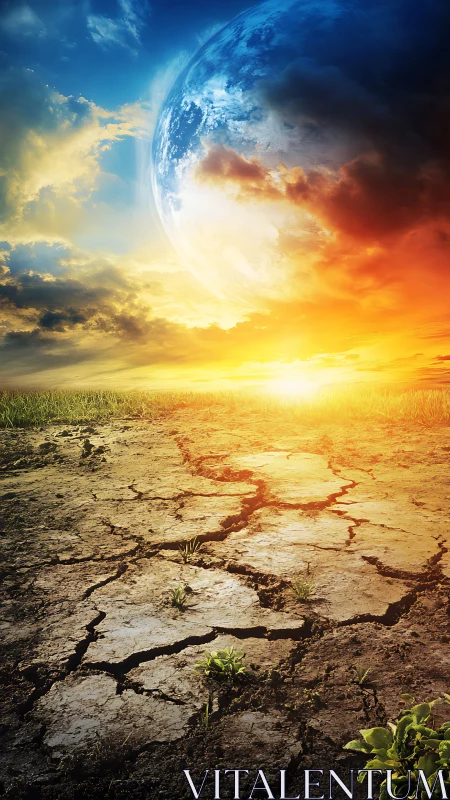 Digital painting of cracked earth, planet horizon and sunset.