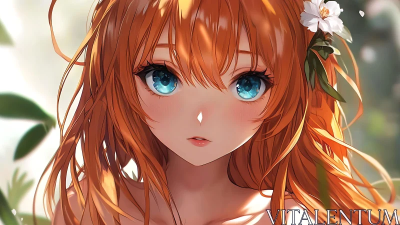 Copper-haired anime portrait with luminous teal eyes in bloom.