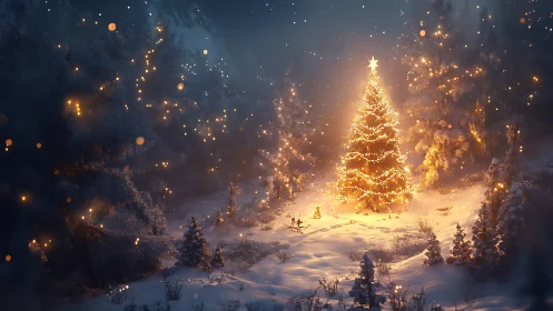 Illuminated outdoor Christmas tree in snowy forest clearing.
