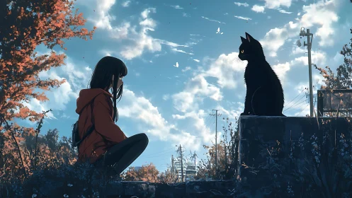 Girl facing black cat outdoors under bright blue sky.