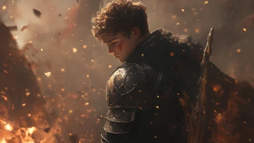 Young knight in glowing embers, pausing between battles.