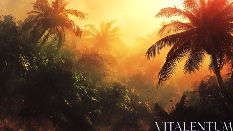 Dense tropical canopy under strong backlit sunset glow.