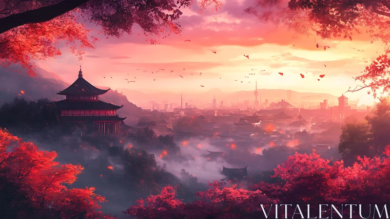 Sunset-lit pagoda overlooks misty neo-traditional valley cityscape