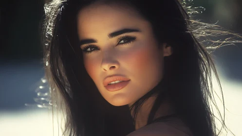 Sunlit gaze and windswept hair in cinematic close portrait.