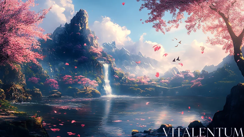 Cherry blossom mountains whisper softly above silver waters