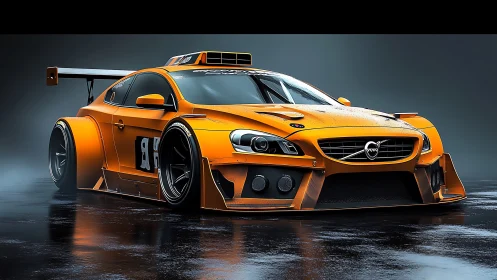 Orange track beast poised on slick midnight asphalt.