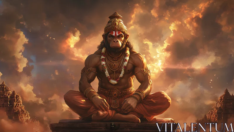 Serene monkey warrior sits in glowing sunset temple clouds.