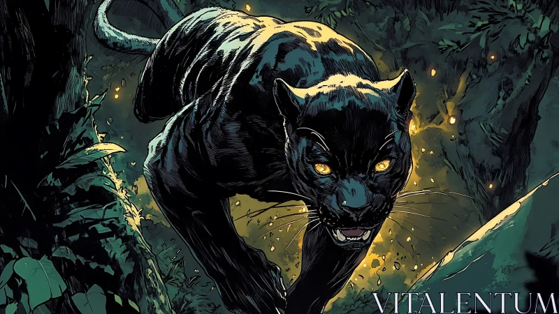 Black Panther in Dense Jungle Environment with Amber Illumination.
