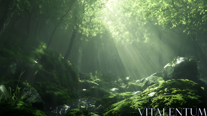 Misty forest stream with cathedral light through canopy.